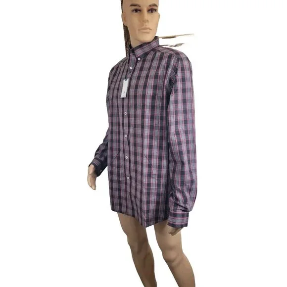 Rowm Men's Shirt Size LT Tall Gray Red Long Sleeve Button Up Plaid Cotton  33 - Picture 2 of 6